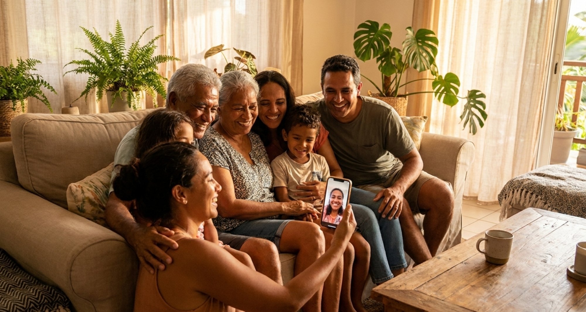 famille réunie autour d'un appel video